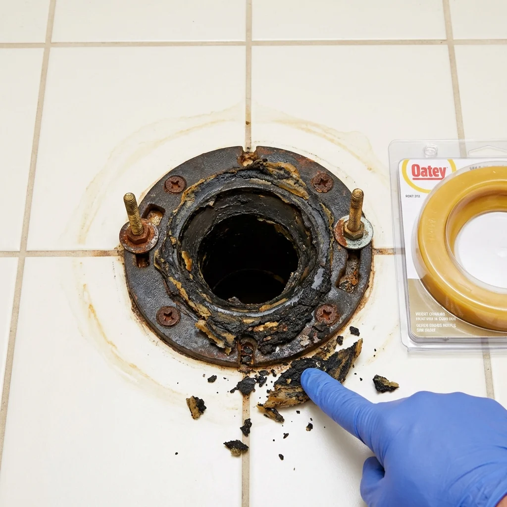 Failed wax ring showing water seepage at the base of a toilet in a Syracuse, NE home