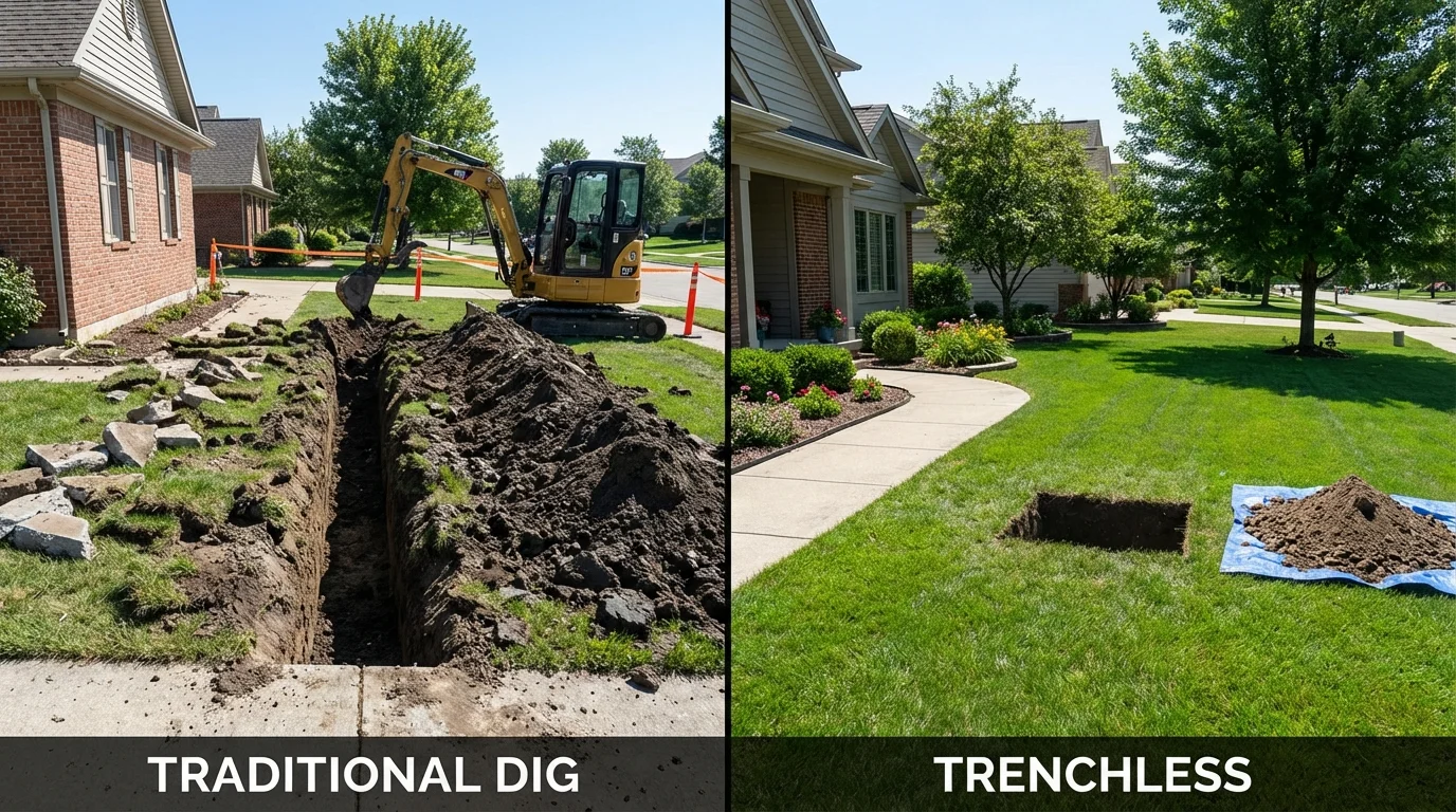 Trenchless sewer repair with minimal yard damage versus traditional excavation in Syracuse, NE